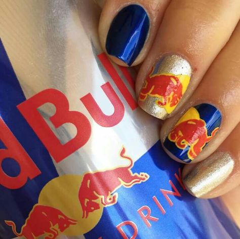 Red Bull nail art by Timberlin Zink. Super badass. Visit her Etsy shop here: https://www.etsy.com/shop/PamperedPolishes F1 Nails Designs Red Bull, Max Verstappen Nails, Red Bull Nails, Redbull Nails, F1 Nail Art, Punchy Nails, F1 Nails, Racing Nails, F1 Aesthetic