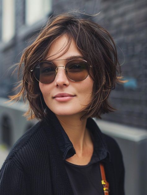 Trending Layered Bob Haircuts for 2024: Styles and Tips Layer Bob Haircut Medium, Short Layered Haircuts Chin Length, Short Rachel Haircut, Short Layered Brunette Hair, Layered Bob No Bangs, Choppy Bob Haircuts For Thick Hair, Bob Haircut 2024 Trends, Textured Chin Length Bob, Brown Hair With Highlights Short