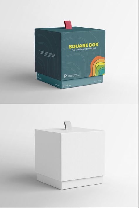 If you are working on a packaging project and the package shape is square, then today’s free mockup is the best one for your presentation. Free Slide Square Box mockup features a beautiful gift box that has a ribbon on the top of the lid for easy opening. With an amazing perspective view, this free square sleeve box allows you to showcase your design from three different angles. #freemockup #slidebox #squarebox #paperbox #psdmockup #boxmockup #branding #packaging #design #print Printed Boxes Packaging, Sliding Box Packaging Design, Square Box Packaging Design, Custom Box Design, Square Packaging Design, Slide Box Packaging, Gift Box Design Packaging, Creative Box Design, Box Design Package