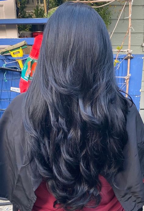 Midnight Blue Hair On Black Hair, Blue Black Hair Inspiration, Navy Blue Tint Hair, Dark Hair With Navy Blue Highlights, Deep Blue Black Hair, Black Hair With Blue Tint Dark, Dark Blue Tint Hair, Tinted Blue Hair, Super Dark Blue Hair