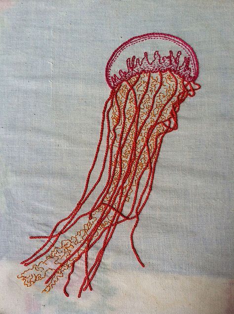 Jellyfish embroidery by SitchALynn Jellyfish Embroidery Design, Nudibranch Embroidery, Jellyfish Embroidery Pattern, Embroidered Jellyfish, Octopus Embroidery, Jellyfish Embroidery, Jellyfish Shirt, Sea Embroidery, Fish Embroidery