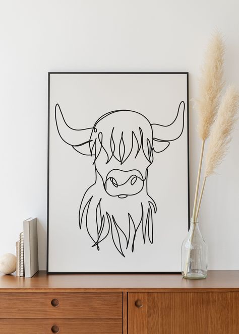 Highland Cow Drawing Easy, Lineart Ideas, Highland Cow Outline, Cow Outline, Sketch Room, Cow Drawing Easy, Highland Cow Tattoo, Cow Embroidery, Animal Line Drawings