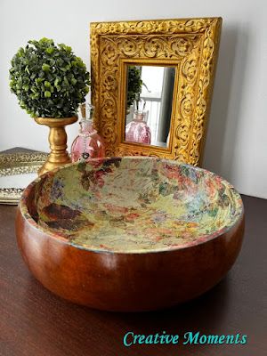 Wooden Bowls Diy, Large Wood Bowl, Decoupage Fabric, Milk Paint Furniture, Painted Tables, Wooden Dishes, Diy Bowl, Refinish Furniture, Painted Desk