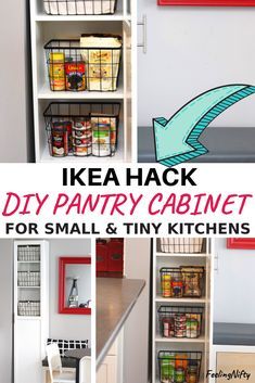 Learn how to make this DIY Small Kitchen pantry for Tiny Kitchens that's space saving. It's an easy IKEA hack and the tutorial shows you how to build this pantry cabinet that's used for food storage. The doors also have different options and are customizable and frosted glass can be used. This Pantry can be used as build in cupboards to match your kitchen decor. Also find out where to buy the wire baskets used to organize food. #ikea #ikeahack #ikeaKitchen #smallKitchens #tinyKitchens #Pantry Food Storage For Small Kitchen, Diy Pantry For Small Kitchen, Tiny Kitchen Food Storage, Added Pantry To Small Kitchen, Diy Small Kitchen Pantry, Small Kitchen Food Storage Ideas, Diy Kitchen Pantry Cabinet Freestanding, How To Make A Pantry In Small Kitchen, Kitchen Pantry Ideas Freestanding