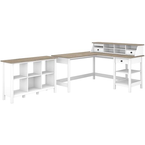 Shop Staples for Bush Furniture Mayfield 60" L-Shaped Computer Desk with Desktop Organizer and 6-Cube Bookcase, Pure White/Gray (MAY013GW2) and enjoy fast and free shipping on qualifying orders. L Shaped Computer Desk, Office Desk Set, Modern Farmhouse Furniture, Cube Bookcase, White Shiplap, Desktop Organizer, Casual Home, Bush Furniture, L Shaped Desk