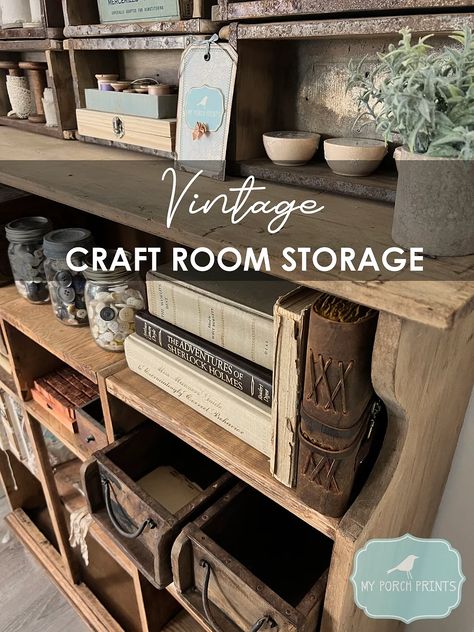 Hobby Room Storage, Craft Room Work Stations, Rustic Craft Room Farmhouse Style, Workshop Craft Room, Antique Storage Ideas, Art Supply Storage Ideas Diy, Farmhouse Sewing Room Ideas, Vintage Art Studio Ideas, Craft Room Vintage Style