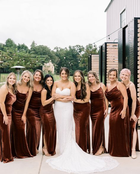 Our favorite fall/winter trend - velvet bridesmaid dresses 🤍 #MarmarosProductions Fall Bridesmaid Dresses Velvet, October Velvet Bridesmaid Dresses, Crushed Velvet Bridesmaid Dress, Brown Copper Bridesmaid Dress, Velvet Brown Bridesmaid Dresses, Champagne Bridesmaid Dresses Fall Wedding, Velvet And Silk Bridesmaid Dresses, Copper Velvet Bridesmaid Dresses, Chocolate Brown Velvet Dress