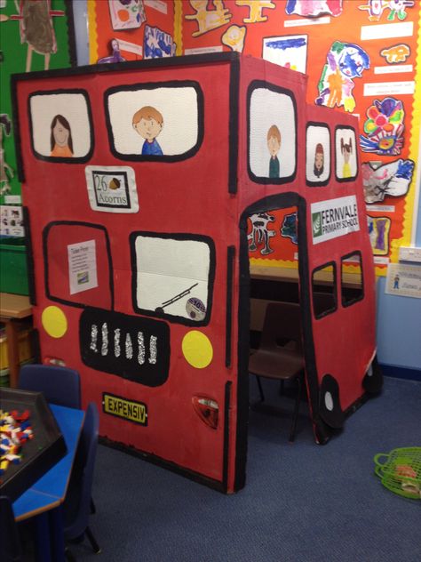 Double decker bus role play Bus Crafts, British Values, Reception Class, Role Play Areas, London Theme, Play Corner, Transportation Crafts, Dramatic Play Preschool, Decker Bus