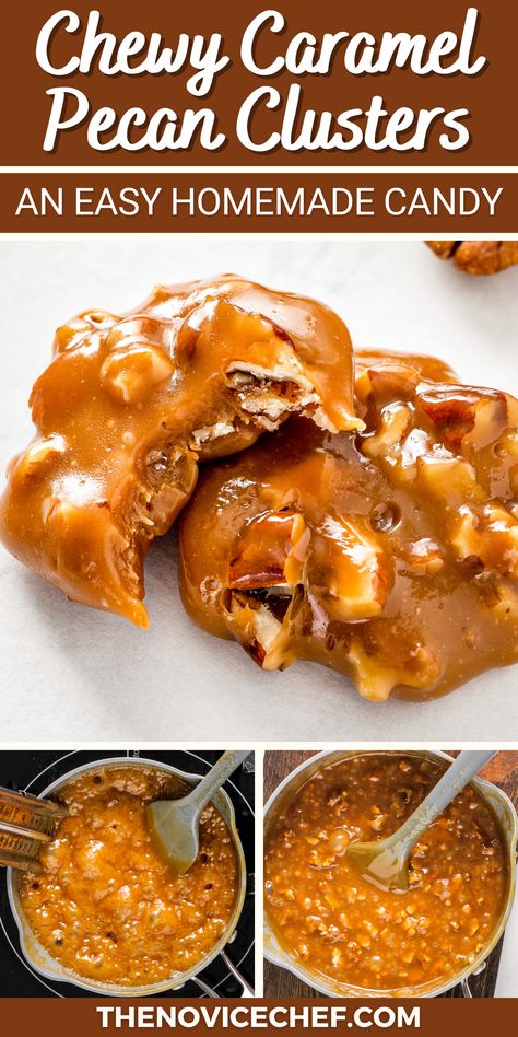 Caramel Pecan Clusters are so chewy, buttery, and made with just the right amount of sweetness. These little homemade candies are so easy to make and perfect for gifting to loved ones during the holiday season. You’ll love every chewy bite that’s made delicious with toasted pecans! Chocolate Pecan Caramels Taste Of Home, Pecan Delights Candy, Chewy Pecan Pralines Caramel, Easy Pecan Candy Recipes, Pecan Candy Recipe 4 Ingredients, Pecan Carmel Clusters, Chewy Pralines Recipe, Caramel Pecans Recipe, Diy Candied Pecans