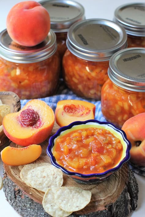 Sweet And Spicy Salsa For Canning, Apricot Salsa Recipes Canning, Apricot Salsa Recipes, Canning Set Up, Peach Tomato Salsa Recipe Canning, Salsas Recipes, Spicy Peach Salsa, Salsa Canning Recipes, Peach Salsa Recipes