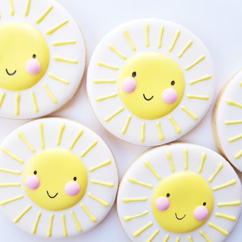 Cute sunshine face decorated  cookies with pink cheeks and cute faces Sun Cookies, Sunshine Birthday Theme, Sunshine Face, Sunshine Cookies, Sunshine First Birthday, First Birthday Cookies, Sunshine Birthday Parties, Sunshine Cake, Cookies And Cakes