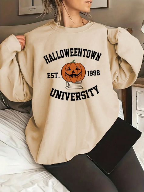 Plus Halloween Print Sweatshirt Apricot Casual  Long Sleeve Knitted Fabric Halloween,Letter Pullovers Slight Stretch  Women Plus Clothing, size features are:Bust: ,Length: ,Sleeve Length: Casual Halloween, Halloween Crewneck, Plus Size Halloween, Fall Hoodies, Estilo Hip Hop, Pumpkin Print, Halloween Festival, Halloween Sweatshirt, Fall Sweatshirt