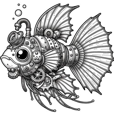 Steampunk Guppy Coloring Page- 4 Free Printable Pages Steampunk Octopus Drawing, Steampunk Gears Drawing, Imaginary Illustration, Steampunk Doodles, Steam Punk Drawing, Weird Coloring Pages, Steampunk Drawings, Steampunk Art Drawing, Steampunk Coloring Book