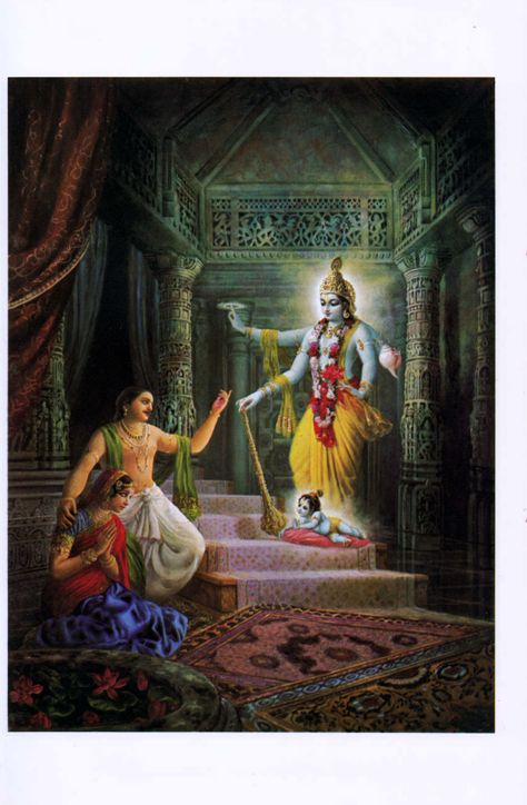 PLATE NINE  One reason why Lord Krishna's activities appeared bewildering to Queen Kunti was that He came to this world to fulfill many purposes simultaneously. One important purpose was simply to satisfy the desires of His dear devotees Vasudeva and DevakL In their former lives, Vasudeva and Devaki were known as Sutapa and Prsni. They were ordered by Lord Brahma to produce offspring, and so they engaged themselves in severe austerities for thousands of years. Krishna Birth, Swami Prabhupada, Lord Brahma, Krishna Quotes In Hindi, Krishna Avatar, Radhe Shyam, Lord Rama Images, Quotes In English, Radha Krishna Quotes