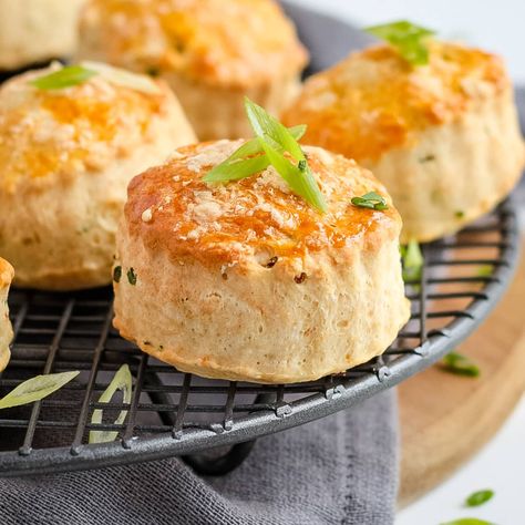 This Savory Scones recipe is perfect for breakfast, afternoon tea, snack, appetiser or even your kids lunchbox. The Cheddar Cheese Scones are not only super easy and quick to make, they taste absolutely delicious! The simple vegetarian scones will be great topped with butter, cheese or your favourite dips - or just eaten on their own. Savory Scones Recipe, Savory Bakes, Cheese Scone Recipes, Lemon Meringue Cake, Lemon Raspberry Muffins, Pumpkin Tarts, Muffins Easy, Cheese Scones, Savory Cheese