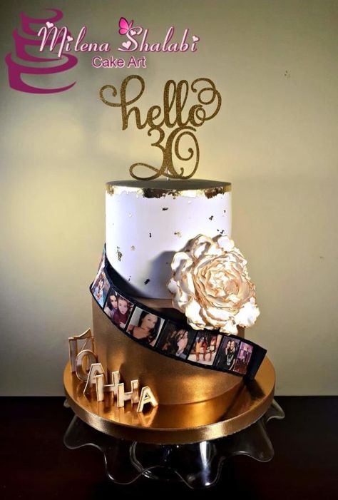 Hello 30 in gold and white by Milena Shalabi 30 Birthday Cakes For Women, 30th Birthday Cake For Women, Gold And White Cake, Hello 30, Movie Cakes, Dinner Party Decorations, 30 Birthday Cake, 40th Birthday Cakes, Birthday Cakes For Women