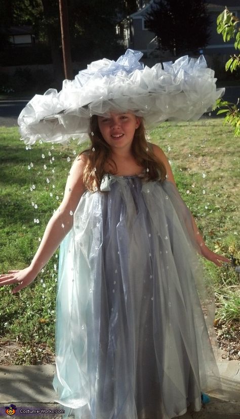 This is my 11 year old dressed as a rain cloud. Her dress is actually the skirt portion of an adult's gown, I found in the second hand store, made in a beautiful silver fabric. I covered it in irredessant scarfing in grey...with blues towards... Rain Cloud Costume, Rain Costume, Cloud Fashion, Cloud Costume, Karneval Diy, Creative Halloween Costumes Diy, Halloween Costumes For Work, Rain Dress, Mermaid Halloween