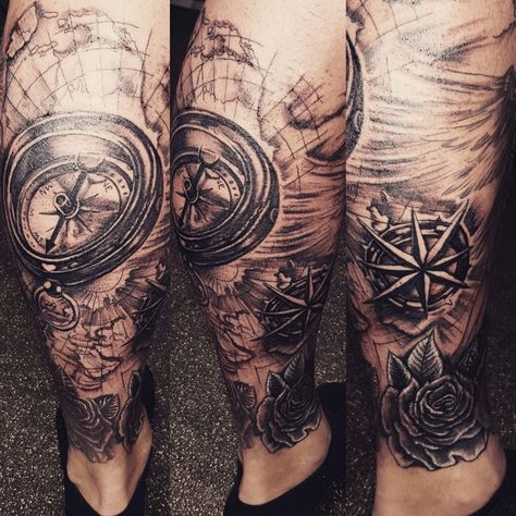 Anchor Leg Tattoo Men, Leg Tattoos For Men Calves, Sea Theme Leg Sleeve Tattoo, Compass Tattoo Design Men Leg, Upper Leg Tattoo Men Thigh Piece, Nautical Calf Tattoo Men, Men Compass Tattoo Ideas Leg, Anchor Tattoo For Men Leg, Best Leg Tattoo Men Design