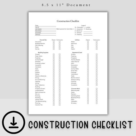 Home Construction Checklist, Construction Checklist, Renovation Checklist, Home Building Checklist, Remodel Checklist, Renovation Planner, New Home Build, House Checklist, New Home Checklist