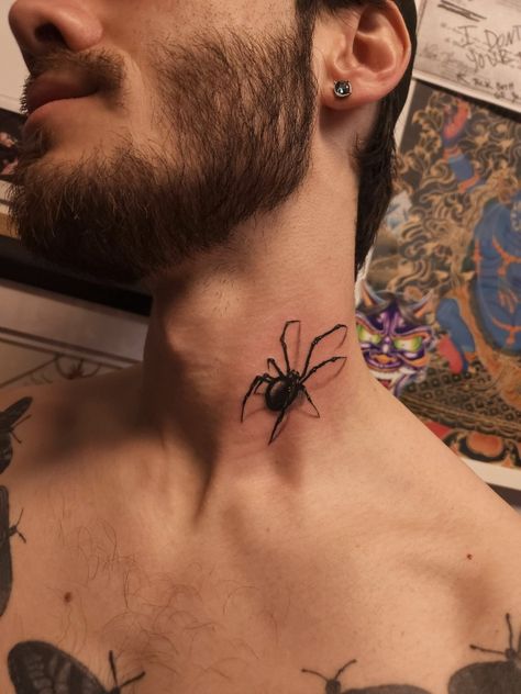 This is a realism tattoo on a man's neck. Cheers. Spider Tattoo Men Neck, Spider Neck Tattoo Men, Realism Spider Tattoo, Spider Tattoo Placement, Spider Tattoo Neck, Small Neck Tattoos Men, Spider Tattoo Men, Spider Neck Tattoo, Crow Cosplay