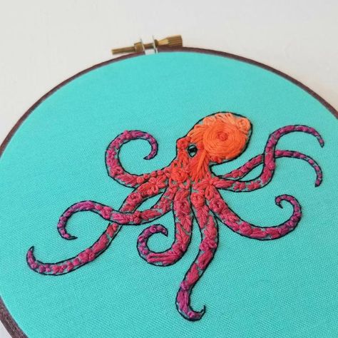 Octopus Embroidery, Sea Life Crafts, Pacific Octopus, Mini Wall Art, Needlework Shops, Turquoise Fabric, Mini Wall, Fabric Stamping, Dmc Embroidery Floss