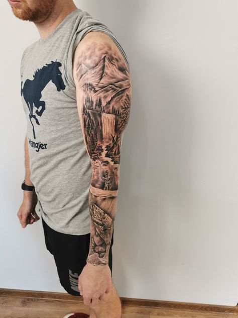 Hunting And Fishing Tattoos Sleeve, Arm Tattoo Men Outdoors, Fishing Sleeve Tattoo Men, Country Half Sleeve Tattoo For Men, Outdoor Sleeve Tattoo, Fishing Sleeve Tattoo, Outdoor Sleeve Tattoo Men, Fishing Tattoo For Men, Fishing Tattoo Ideas