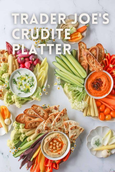 Trader Joe Christmas Appetizers, Crudite Platter Ideas Thanksgiving, Crudite Platter Ideas Christmas, Easy Crudite Platter Ideas, Thanksgiving Crudite Platter, Crudettes Platter, Trader Joes Appetizer Recipes, Trader Joes Party Food Ideas, Christmas Crudite Platter