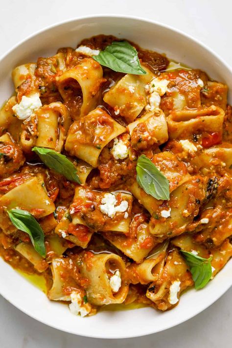 Slow-Roasted Eggplant Ragù with Goat Cheese and Basil Eggplant And Goat Cheese Recipes, Italian Eggplant Recipes Pasta, Aubergine Ragu, Eggplant Ragu, Eggplant Ragu Recipes, Roasted Eggplant Pasta, Eggplant Pasta, Goat Cheese Pasta, Ragu Recipe