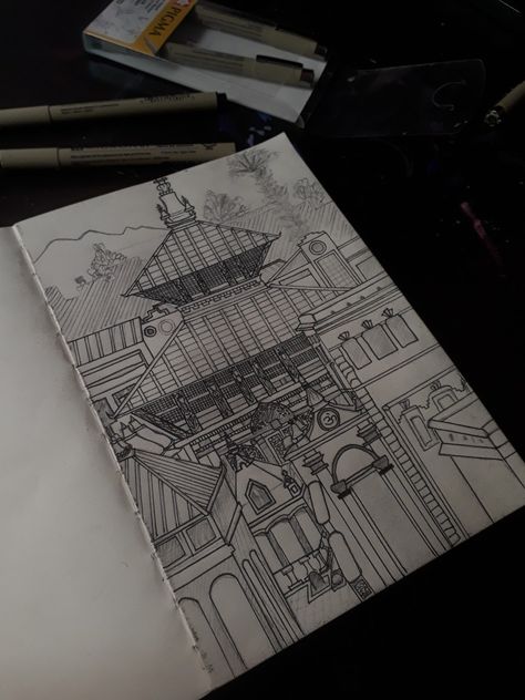 Nepal, pashupatinath sketch Nepali Architecture Sketch, Nepal Drawing, Pashupatinath Temple, Micron Pen Art, Temple Tattoo, Temple Drawing, Nepal Art, Journal Therapy, Micron Pen