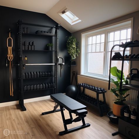 Gym in a Spare Room Garage Gym One Car, In Home Gym Room, Cool Home Gym Design, Spa Workout Room, Pretty Home Gym Ideas, Modern Farmhouse Gym Room, Home Gym Smith Machine, Small Weight Room Ideas, Spare Bedroom Home Gym