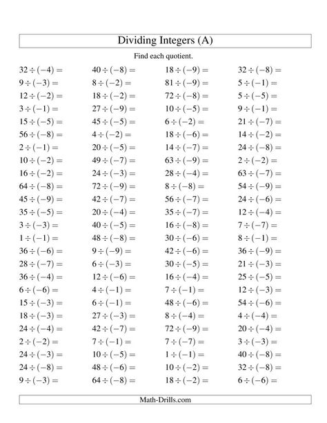 8th Grade Math Worksheets, Math Fractions Worksheets, Dividing Integers, Math Integers, Mental Maths Worksheets, Negative Integers, Integers Worksheet, Mental Maths, Math Pages