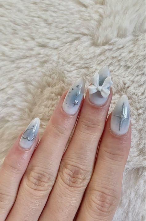 Blue Ribbon Nails, Blue Blush Nails, Gel Blush Nails, Light Blue Almond Nails, Gel Blue Nails, Cutest Nails, Xv Ideas, Tattoo Nails, Nails Paint