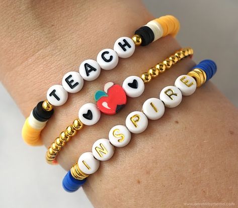 Bracelet Set Ideas, Teacher Back To School Gifts, First Day Of School Teacher, Teacher Bracelet, Teacher Gift Ideas, Heishi Bracelet, Teacher Craft, Teacher Back To School, Wood Bead Bracelet