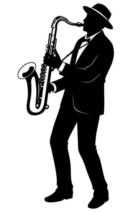 Silhouette of man playing on a saxophone. Vector clipart isolated on white. Vector Character Design, Vector Character, Vector Clipart, White White, Vector Free, Character Design, Clip Art, White, Design