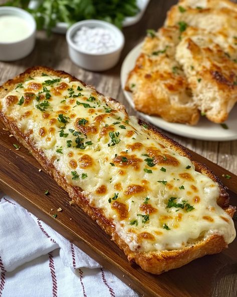 This Cheesy Garlic Bread is the perfect combination of crispy French bread, buttery garlic spread, and a gooey blanket of melted mozzarella and Parmesan. The golden, bubbly cheese on top paired with the aromatic garlic makes it a must-try for garlic lovers everywhere. Whether served as a side dish or an irresistible appetizer, this bread is guaranteed to disappear fast. Pioneer Woman Cheesy Garlic Bread, Cheesy Garlic Bread With Mayo, Black Angus Cheesy Garlic Bread, French Bread Cheesy Garlic Bread, Garlic Cheese French Bread, French Cheese Bread, Cheesy French Bread With Mayo, French Loaf Garlic Bread, Cheesy Onion Bread