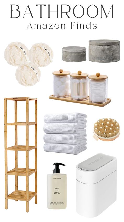 amazon bathroom finds, 5 tier bamboo shelf, bathroom aesthetic, microfiber oversize quick dry lint free bath towels, 2 grey round decorative cement boxes and lids, salt & stone body wash, seaweed infused bath shower loofah, brushing body brush, cotton swab holder, bathroom containers, automatic infrared motion sensor trash can with lid #affiliate #bathroomideas #amazon Loofah Storage Ideas, Cute Shower Aesthetic, Bamboo Bathroom Shelf, Bathroom Needs List, Bathroom Bamboo Decor, Bathroom Accessories Inspiration, Bathroom Amazon Finds, Amazon Bathroom Finds, Stone Bathroom Accessories