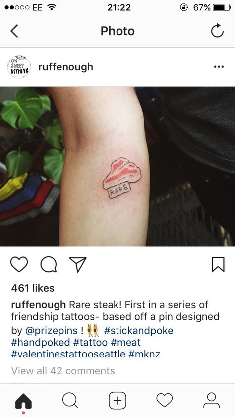 cute small rare steak tattoo Steak Tattoo, Rare Steak, Friendship Tattoos, Stick And Poke, Tattoo Inspo, Finger Tattoos, Tattoo Idea, I Tattoo, Jesus Fish Tattoo