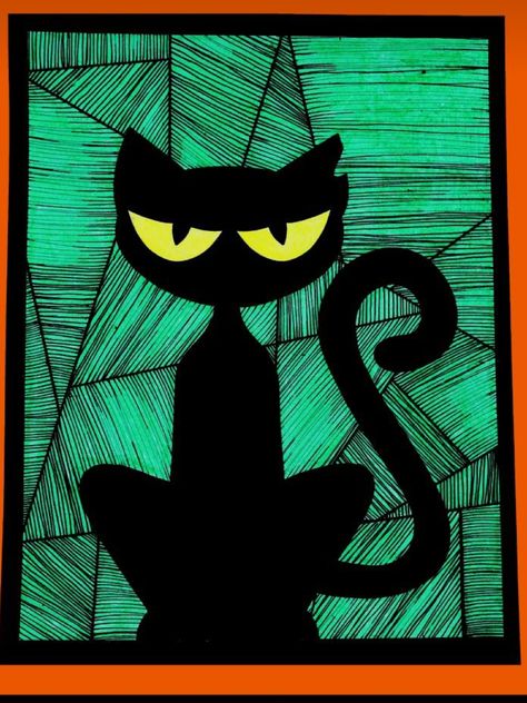 Porta Halloween, Black Cat Drawing, Study Craft, Strašidelný Halloween, Frankenstein Art, Halloween Themed Activities, Halloween Art Projects, Cat Template, Black Cat Art