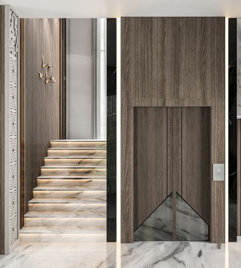 Lift Lobby Design Residential, Peranakan Interior, Lobby Design Residential, Modern Stairs Design, Elevator Lobby Design, Wall Cladding Designs, Modern Staircases, Staircase Designs, Elevator Interior