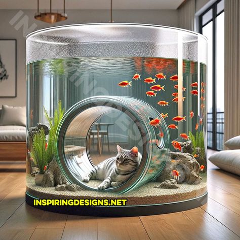 These Aquariums Have Built-In Tunnels For Your Cats To Watch Your Fish Cat Aquarium, Light Switch Covers Diy, Cat Room Decor, Fish Tank Design, Baby Kitty, Diy Aquarium, Outdoor Cat House, Cat Playground, Outdoor Cat