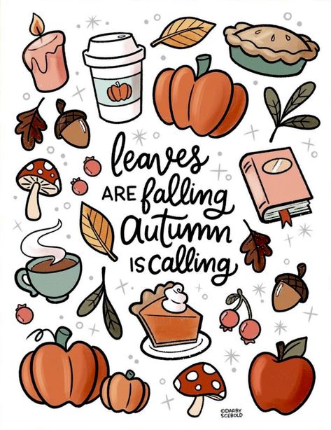 Darby Scebold illustration Fall Inspo Drawing, Drawing Ideas Fall Aesthetic, October Cute Drawings, Thanks Giving Drawings Ideas Easy, Cute Things To Draw For Halloween, Drawing Autumn Leaves, November Aesthetic Drawings, October Aesthetic Drawing, September Aesthetic Drawing