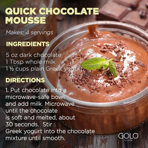 GOLO® | #MyGoloJourney on Instagram: “Food-themed holidays are our favorite, especially when they involve chocolate. 🍫 To celebrate #NationalChocolateMousseDay, we’re sharing…” Golo Desserts, Quick Chocolate Mousse, Golo Meals, Insulin Resistance Diet Recipes, Glucose Goddess, Cottage Cheese Breakfast Bowl, Golo Recipes, Cottage Cheese Breakfast, Golo Diet