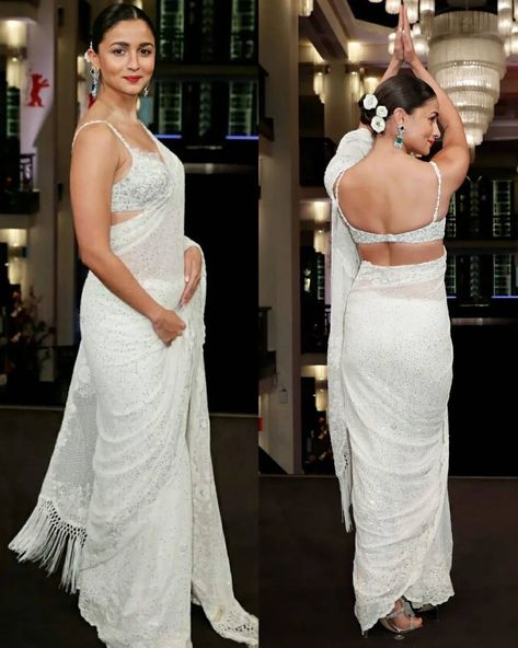 Saree Alia Bhatt, Rimple Harpreet, Alia Bhatt Saree, Rimple And Harpreet Narula, White Couture, Sharara Designs, Saree Work, Sanjay Leela Bhansali, White Saree