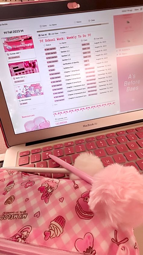 Macbook Study Aesthetic, Pink Study Aesthetic, Macbook Study, Girly Academia, Pink Study, Pink Academia, Pink Macbook, Pretty School Supplies, Aesthetic Study