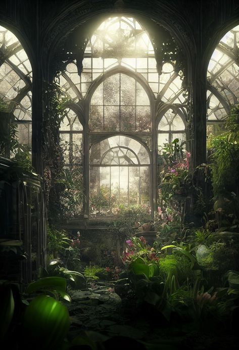 Fantasy Greenhouse Art, Garden Fantasy Aesthetic, Green House Concept Art, Fantasy Garden Background, Overgrown Manor, Jasminecore Aesthetic, Secret Garden Aesthetic Dark, Fantasy Royalty, Cottagecore Posters