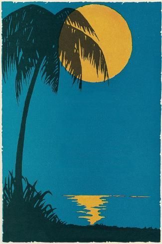 size: 18x12in Art Print: Sunset over Ocean with Palm Tree : Retro Palm Tree Art, Driftwood Aesthetic, Jamaica Art, Sunset Over Ocean, Palm Tree Artwork, Palm Tree Painting, Retro Landscape, Sunset Illustration, Palm Tree Drawing