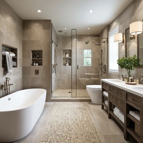 Transform your bathroom into a sanctuary of style and practicality with our expert interior design services. This newly renovated bathroom showcases a perfect blend of functionality and beauty, featuring sleek fixtures, elegant tiles, and a soothing color palette. Experience the art of living with spaces that not only look stunning but also cater to your everyday needs. #InteriorDesign #BathroomRenovation #HomeSanctuary #DesignInspiration Warm Master Bath Ideas, Owners Suite Bathroom, Large Bathroom Ideas, Master Bathrooms 2024 Trends, Master Restroom, Bathroom Without Windows, Bathroom Modern Luxury, Remodeled Bathrooms, Kids Bathroom Design