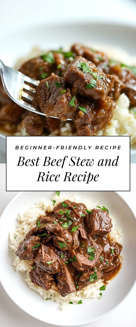 Image for Best Beef Stew and Rice Recipe Stew Meat Rice And Gravy, Recipe With Cubed Beef, Beef Stew And Rice Recipes, Stew Steak Recipes Dinners, Diced Beef Steak Recipes, Beef Stewing Cubes Recipes, Stew Meat Over Rice, Stew Meat Recipes Asian, Easy Meals With Stew Meat