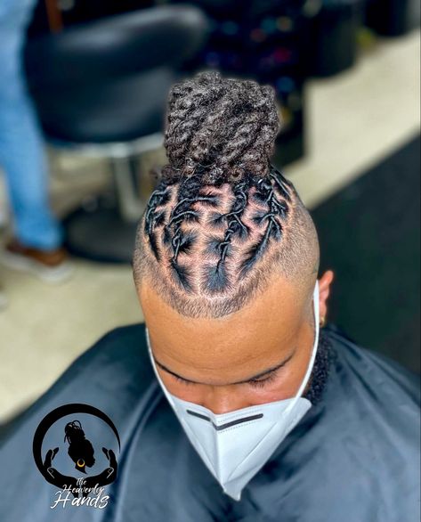 Men Loc Bun Styles, Loc Updo Men, Dreadlock Mohawk Hairstyles For Men, Loc Bun Men, Locs In Bun Men, Dreads Man Bun, Locs Man Bun, Loc Man Bun, Men’s Loc Styles Barrel Twist