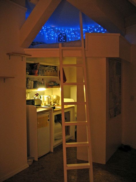 the only thing I love more than the lights, the ladder and the creative use of space... is that this person is a CAT OWNER!! (note the literbox under the sink!?!) Design Ložnic, Casa Hobbit, Tiny Kitchen, Cozy Nook, House Room, Awesome Bedrooms, Cool Beds, Room Ideas Bedroom, Dream Rooms